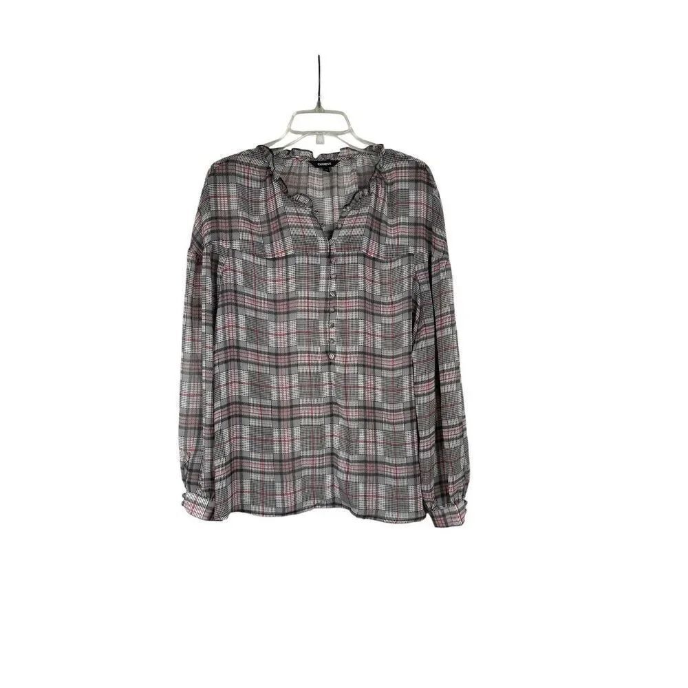 Express Sheer Plaid 1/2 Button Front Long Sleeve Blouse XL
